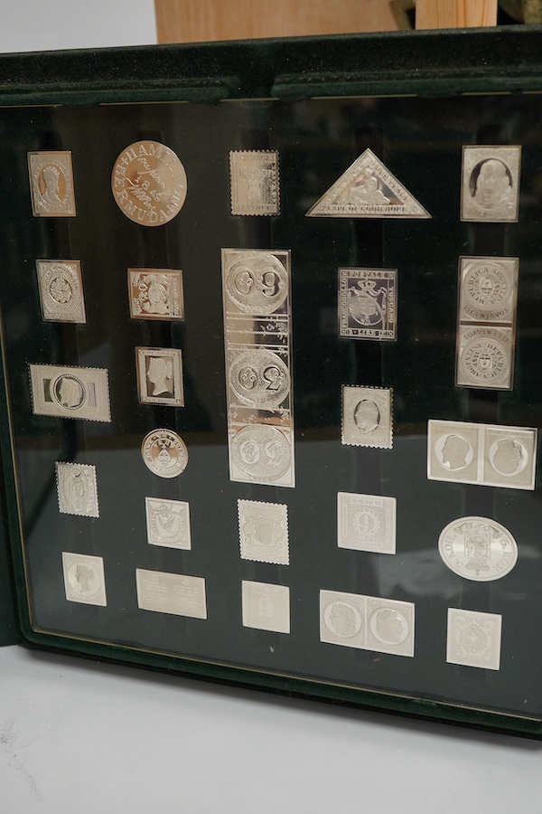 A modern cased set of the 'Official Sterling Silver Proofs of the Worlds Greatest Stamps', 18oz, with certificate of authenticity. Condition - good